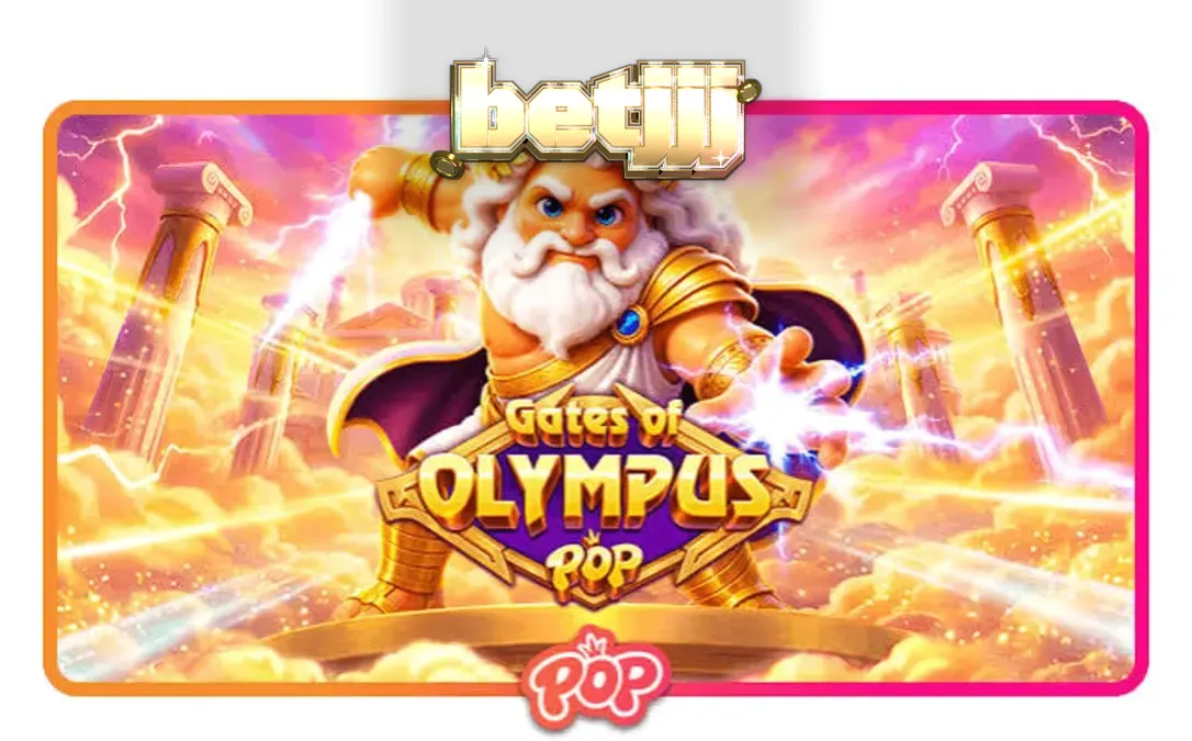 Interface do jogo Gates of Olympus POP com Zeus e símbolos de pedras preciosas
